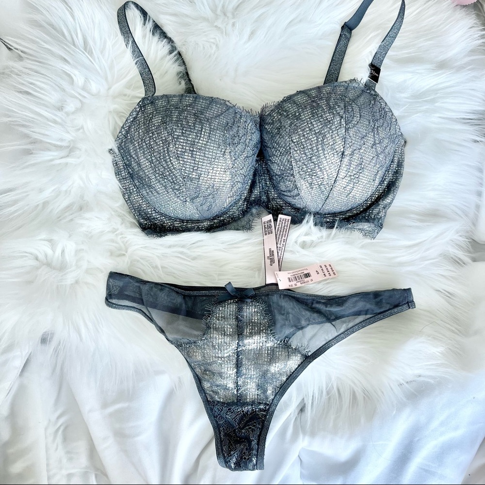 Victoria’s Secret Dream Angels Lined Demi Shiny Silver Bra and Panty Set